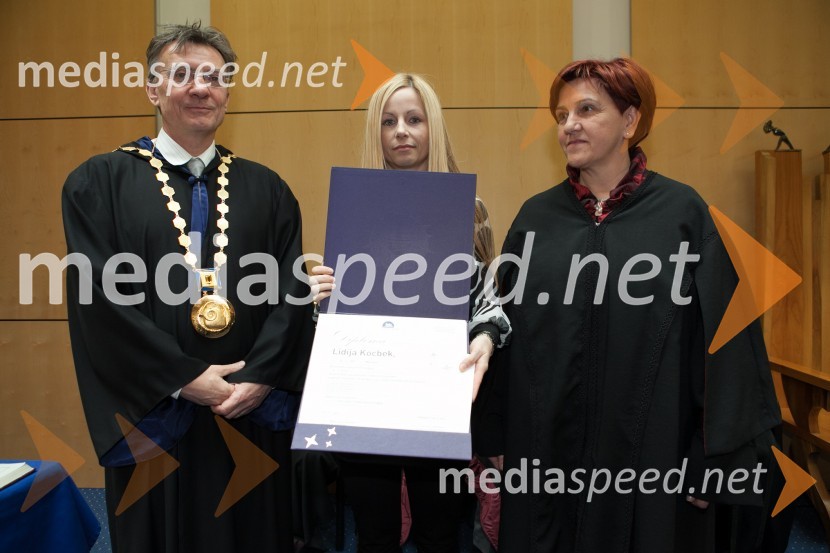 Prof. dr. Danijel Rebolj, rektor Univerze v Mariboru; dr. Lidija Kocbek, Medicinska fakulteta UM; ...Univerza v Mariboru, promocija doktorjev znanosti, marec 2013