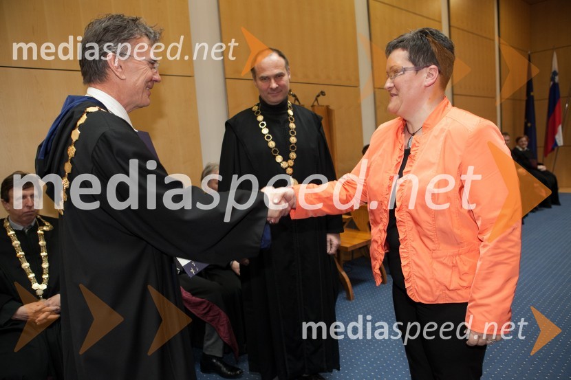 Prof. dr. Danijel Rebolj, rektor Univerze v Mariboru; dr. Anastazija Gselman, Fakulteta za kmetijstvo in biosistemske vede UMUniverza v Mariboru, promocija doktorjev znanosti, marec 2013
