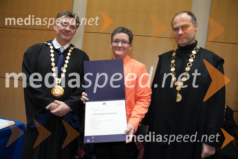 Prof. dr. Danijel Rebolj, rektor Univerze v Mariboru; dr. 
Anastazija Gselman, Fakulteta za kmetijstvo in biosistemske vede UM; prof. dr. Mario 
Lešnik, dekan Fakultete za kmetijstvo in biosistemske vede UMUniverza v Mariboru, promocija doktorjev znanosti, marec 2013