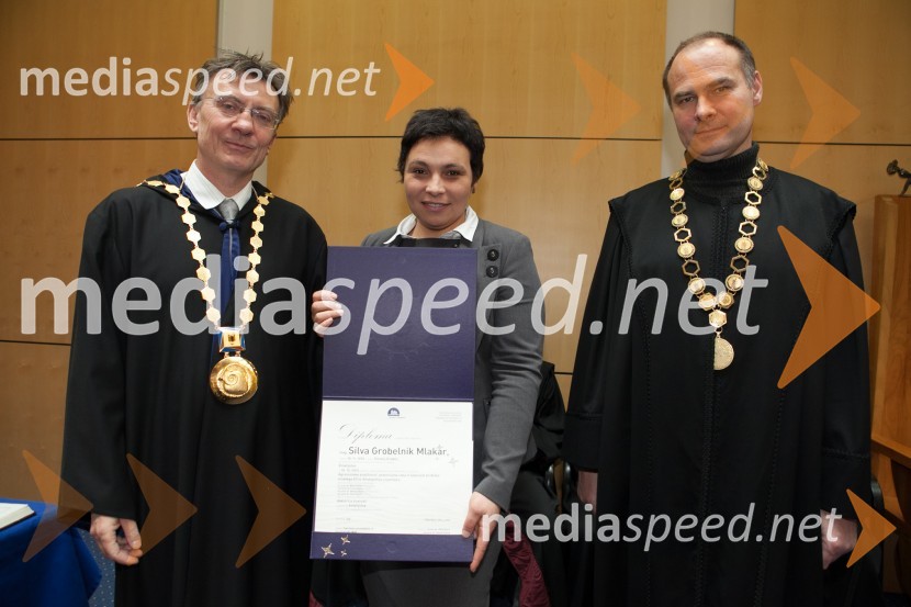 Prof. dr. Danijel Rebolj, rektor Univerze v Mariboru;  dr. Silva 
Grobelnik Mlakar, Fakulteta za kmetijstvo in biosistemske vede UM; prof. dr. Mario 
Lešnik, dekan Fakultete za kmetijstvo in biosistemske vedeUniverza v Mariboru, promocija doktorjev znanosti, marec 2013