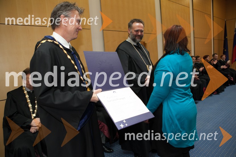 Prof. dr. Danijel Rebolj, rektor Univerze v Mariboru; prof. dr. Gorazd Meško, dekan Fakultete za varnostne vede UM; dr. Danijela Frangež, Fakulteta za varnostne vede UMUniverza v Mariboru, promocija doktorjev znanosti, marec 2013