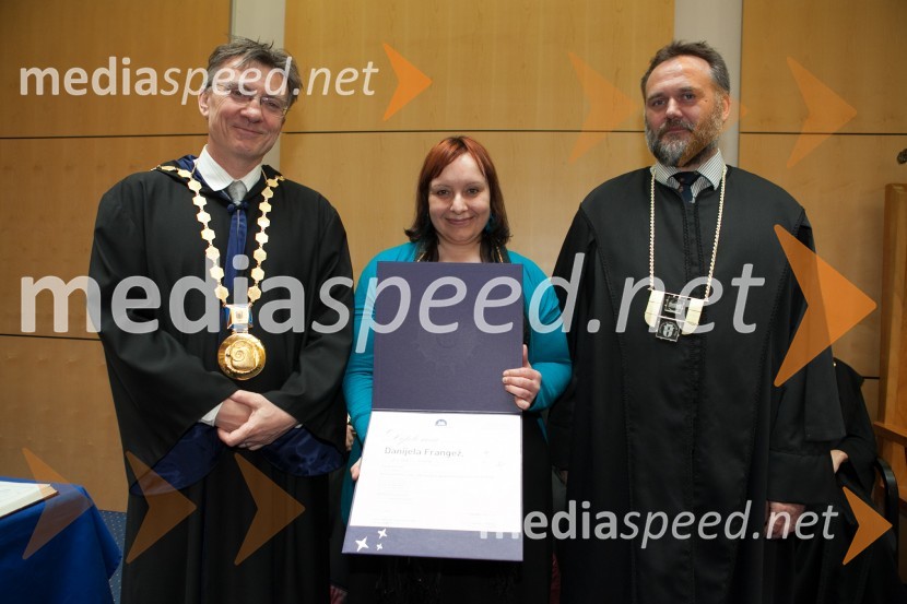 Prof. dr. Danijel Rebolj, rektor Univerze v Mariboru; dr. Danijela 
Frangež, Fakulteta za varnostne vede UM; prof. dr. Gorazd Meško, dekan 
Fakultete za varnostne vede UMUniverza v Mariboru, promocija doktorjev znanosti, marec 2013