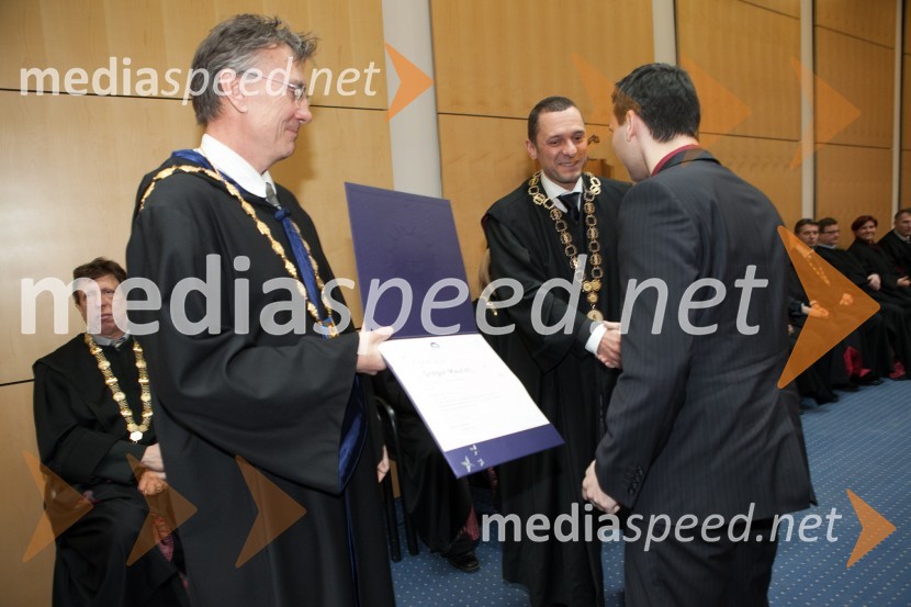 Prof. dr. Danijel Rebolj, rektor Univerze v Mariboru; prof. dr. Saša Prelič, dekan Pravne fakultete UM; dr. Gregor Maučec, Pravna fakulteta UMUniverza v Mariboru, promocija doktorjev znanosti, marec 2013
