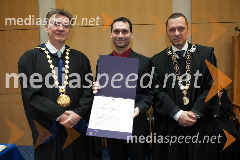 Prof. dr. Danijel Rebolj, rektor Univerze v Mariboru; dr. Gregor Maučec, Pravna fakulteta 
UM; prof. dr. Saša 
Prelič, dekan Pravne fakultete UMUniverza v Mariboru, promocija doktorjev znanosti, marec 2013