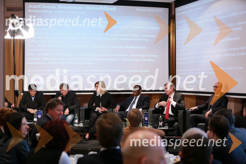 Boštjan Bregar, soustanovitelj in CEO, MARG; dr. Japec Jakopin, soustanovitelj in solastnik Seaway Group; mag.Mateja Dermastia, direktorica, Center odličnosti PoliMat; dr. Frank L. Douglas, predsednik in CEO Austen BioInnovation Institute; dr. Zev Gurion, izvršni direktor Akron BioMedical corridor; Anže Manfreda, vodja inovacijske platforme – novi poslovni modeli Goodyear Dunlop Tires EuropeAmcham, poslovni zajtrk z naslovom: Intelektualna kreacija in inovacija je lahko prihodnost za Slovenijo