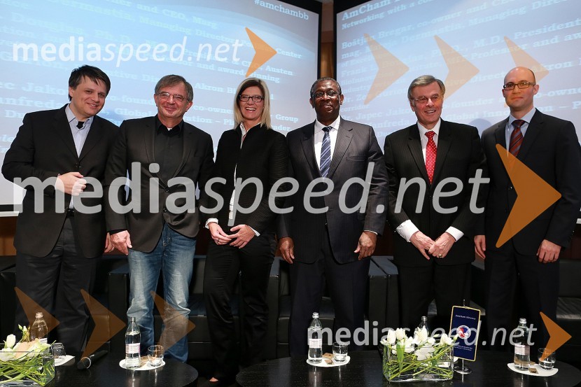 Boštjan Bregar, soustanovitelj in CEO, MARG; dr. Japec Jakopin, soustanovitelj in solastnik Seaway Group; mag.Mateja Dermastia, direktorica, Center odličnosti PoliMat;&nbsp;dr. Frank L. Douglas, predsednik  in CEO&nbsp;Austen BioInnovation Institute;&nbsp;dr. Zev Gurion, izvršni direktor Akron BioMedical corridor;&nbsp;Anže Manfreda,  vodja inovacijske platforme – novi poslovni modeli Goodyear Dunlop Tires EuropeAmcham, poslovni zajtrk z naslovom: Intelektualna kreacija in inovacija je lahko prihodnost za Slovenijo