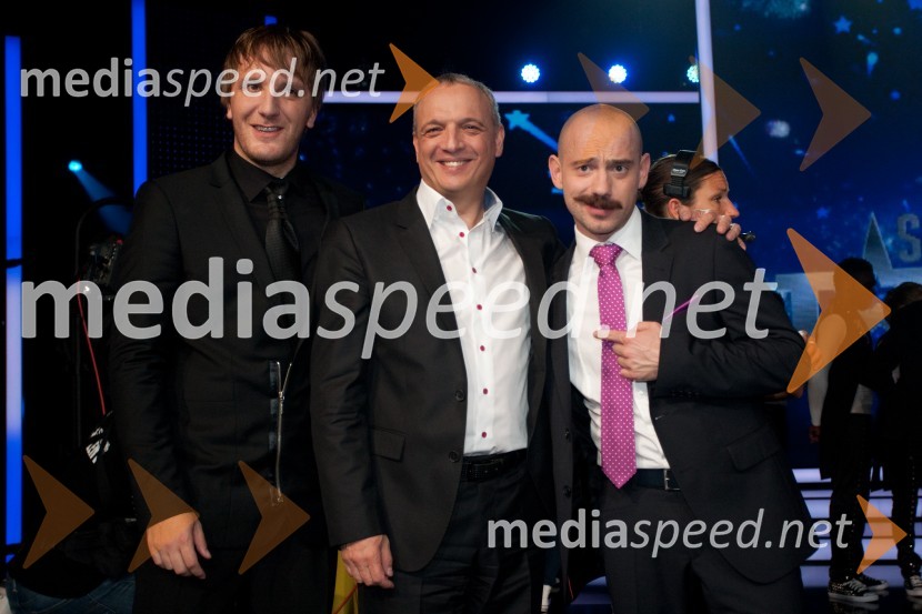 Matej Puc, voditelj; Damjan Damjanovič, član žirije; Jože Robežnik, voditeljSlovenija ima talent, 3. polfinalna oddaja