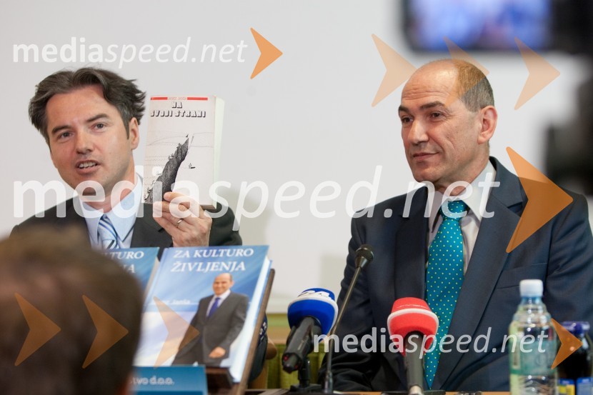 Metod Berlec, urednik Demokracije; Janez Janša, predsednik stranke SDSJanez Janša, predstavitev nove knjige “Za kulturo življenja”