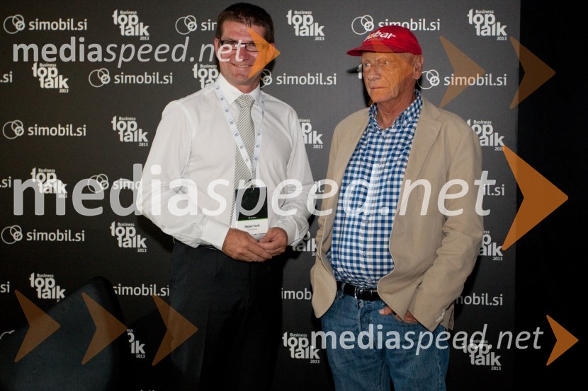 Dejan Turk, direktor Simobila; Niki Lauda, poslovnež, nekdanji dirkač F1Niki Lauda na Business TopTalk 2013