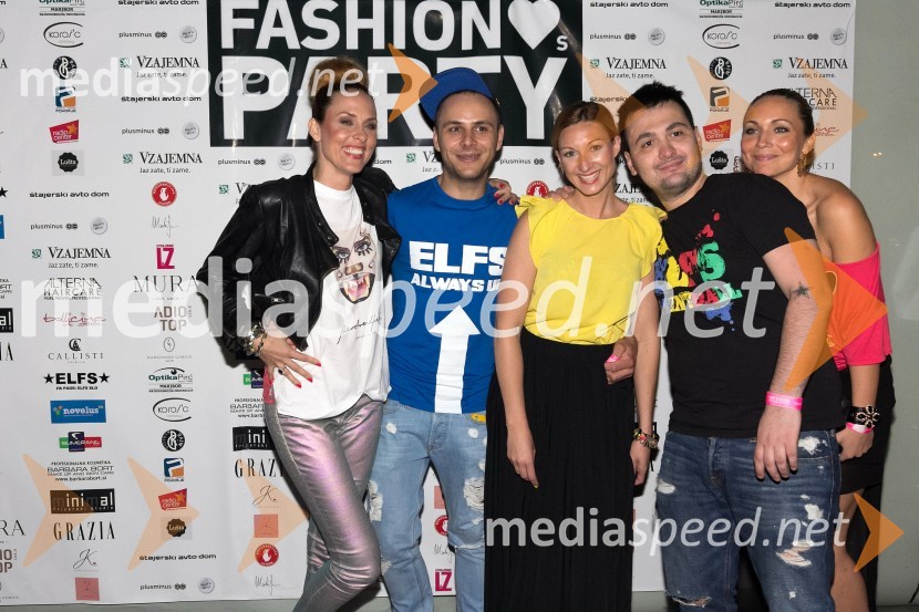 Anđa Marič, glasbenica; Ivan Tandarić, oblikovalec modne znamke ELFS; Špela Štamol, urednica revije Grazia; Aleksandar Šekuljica, oblikovalec modne znamke ELFS; Senka Halebić, slovenska zastopnica hrvaške modne znamke ELFSFashion Loves Party