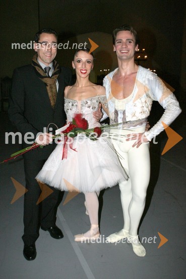 Dinko Bogdanič, koreograf in režiser baleta Don Kihot, Rita Pollacchi, balerina in Tomislav Petranovič, baletnikPremiera baleta Don Kihot