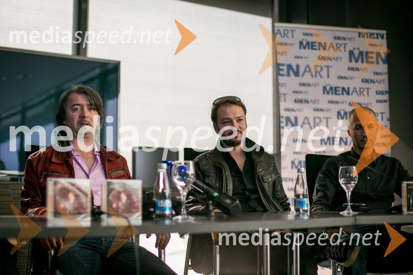 Robert Pešut Magnifico, glasbenik; Aleksander 
Pešut - Schatzi, glasbenik; Boštjan Menart, direktor Založbe MenartMagnifico predstavlja nov album - Montevideo, bog te video