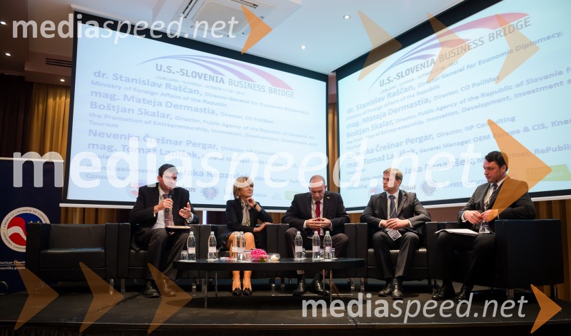 Dr. Stanislav Raščan, generalni direktor za gospodarsko diplomacijo, Ministrstvo za zunanje zadeve; Nevenka Črešnar Pergar, lastnica in direktorica podjetja NP Consulting; Boštjan Skalar, v.d. direktorja SPIRIT Slovenija; Tomaž Lanišek, general manager OEM Europe & CIS, Knauf Insulation d.o.o.; Jaka Repanšek, RePublisU.S. – Slovenia Business Bridge, razvojna in investicijska konferenca, prvi dan