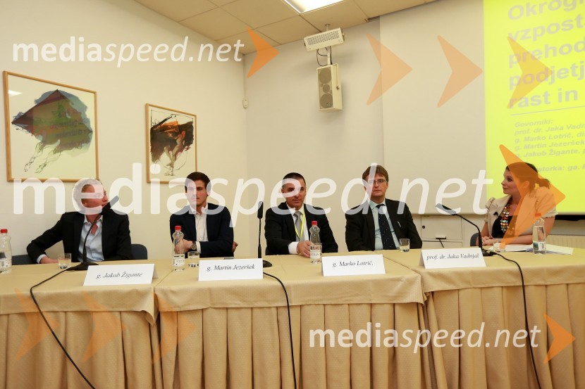 Jakob Žigante, predsednik Združenje družinskih podjetij; Martin Jezeršek, generalni direktor Jezeršek d.o.o.; Marko Lotrič, Lotrič d.o.o.; Jaka Vadnjal, dekan Gea College; Edita Cetinski Malnar, moderatorka8. slovenski forum inovacij 2013, prvi dan