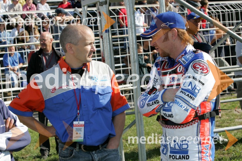 Jason Crump, Avstralija (desno) in Brian Karger - Danska, njegov mentor in trenerSPEEDWAY, Speedway Grand Prix - VN Poljske 2005 trening