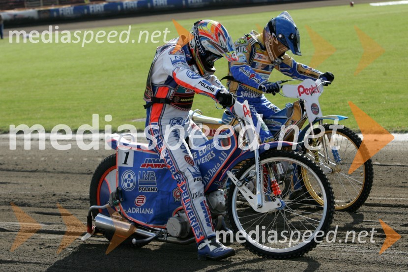 Jason Crump, Avstralija (spredaj) in Tony Rickardsson, ŠvedskaSPEEDWAY, Speedway Grand Prix - VN Poljske 2005 trening