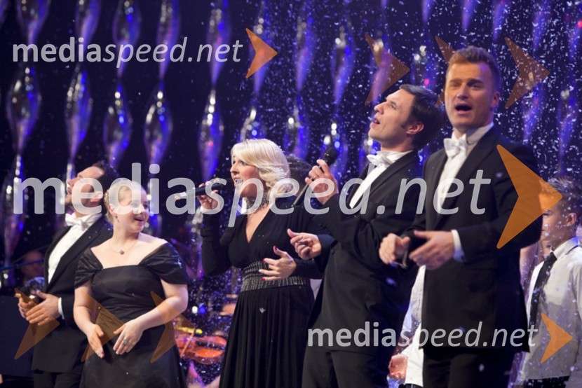 Aljaž Farasin, skupina Eroika; Sandra Harb, pevka; Alenka Godec, pevka; Metod Žunec, skupina Eroika; Matjaž Robavs, skupina EroikaSlavnostni novoletni koncert Zavarovalnice Triglav