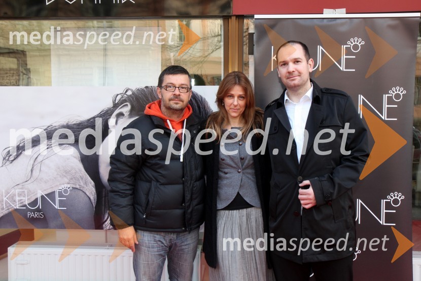  Vladimir Vukobrat, frizer;  Sanja Varlaj , marketing, Keune;  Boštjan Jagrinec, frizerski salon BuhairOtvoritev frizerskega salona Buhair z igralci NK Maribor in predstavniki Keune