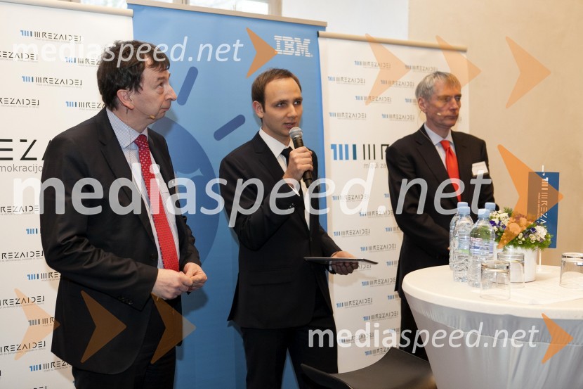  Michele Leonardi,  izvršni direktor poslovanja IBM Slovenija; mag. Gregor Cigüt, Mreža idej;  Sandi Češko, predsednik upravnega odbora Studio Moderna d.o.o.Mreža idej: konferenca Marčeve ide