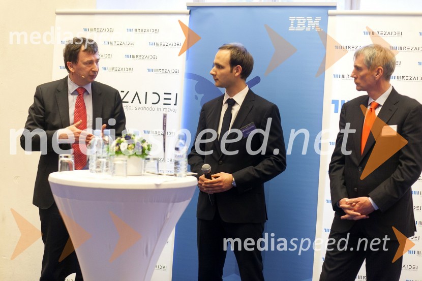  Michele Leonardi,  izvršni direktor poslovanja IBM Slovenija; mag. Gregor Cigüt, Mreža idej;  Sandi Češko, predsednik upravnega odbora Studio Moderna d.o.o.Mreža idej: konferenca Marčeve ide