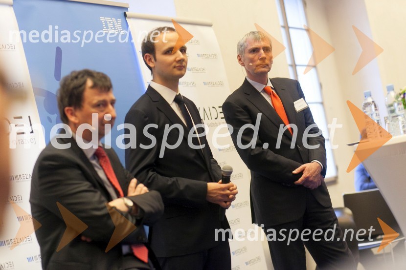  Michele Leonardi,  izvršni direktor poslovanja IBM Slovenija; mag. Gregor Cigüt, Mreža idej;  Sandi Češko, predsednik upravnega odbora Studio Moderna d.o.o.Mreža idej: konferenca Marčeve ide