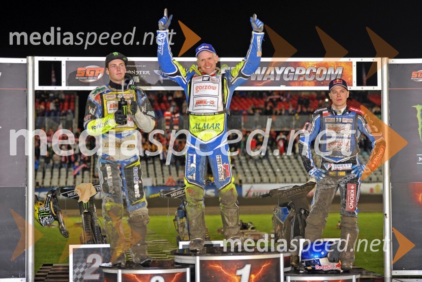  Darcy  Ward, speedwayist (Avstralija);  Krzysztof  Kasprzak, speedwayist (Poljska);  Jaroslaw  Hampel, speedwayist (Poljska)Žagar mukoma do šestih točk, prvenec Kasprzaka