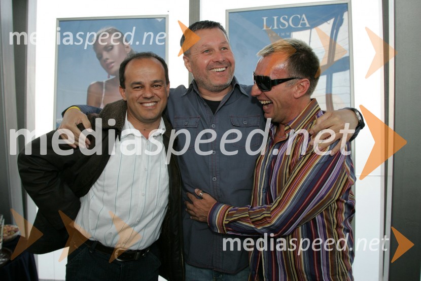 Branko Jovanovič Brendi, pevec, Bojan Požar in Igor Jelen, lastnik plesnega studia IgenModna revija Lisca v ljubljanskem Emporiumu