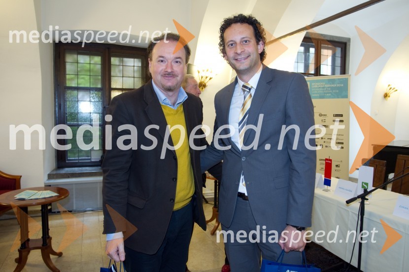  Patrik Greblo, dirigent;  Matevž Raztočnik, Banka Koper62. Festival Ljubljana 2014, novinarska konferenca