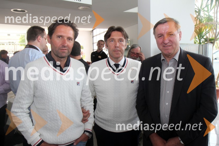  Andrea Massi, trener;  Damijan Terpin, odvetnik Tine Maze;  Jožef Jerovšek, poslanec SDSTina Maze, novinarska konferenca in predstavitev nove ekipe Team to aMaze
