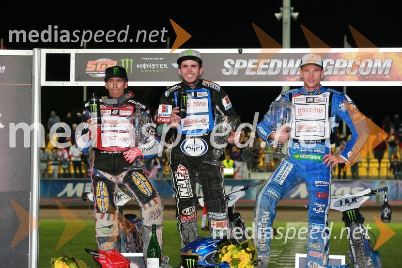  Greg  Hancock, speedwayist (ZDA);  Tai  Woffinden, speedwayist (Velika Britanija);  Matej Žagar, speedwayist (Slovenija)Žagar izvrsten tretji v Pragi