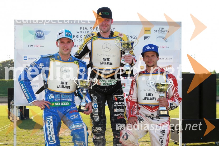  Matej Žagar, speedwayist (Slovenija);  Nicolai Klindt, speedwayist;  Janusz Kołodziej, speedwayistŽagar drugi na ljubljanski dirki, Voldrih rezerva