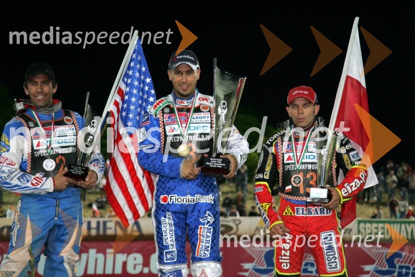 Greg Hancock, ZDA, Nicki Pedersen, Danska in Wieslaw Jagus, PoljskaSPEEDWAY SGP 2007, VN Italije, dirka
