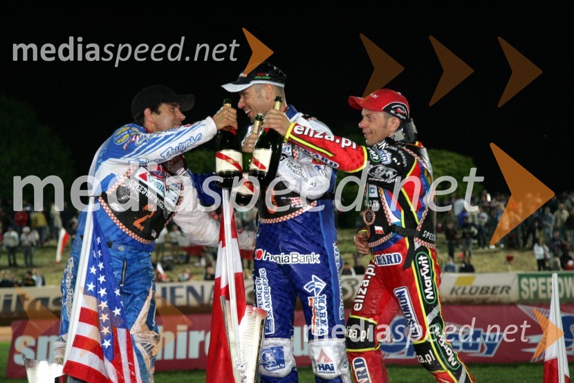 Greg Hancock, ZDA, Nicki Pedersen, Danska in Wieslaw Jagus, PoljskaSPEEDWAY SGP 2007, VN Italije, dirka