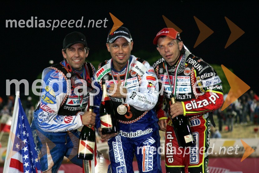 Greg Hancock, ZDA, Nicki Pedersen, Danska in Wieslaw Jagus, PoljskaSPEEDWAY SGP 2007, VN Italije, dirka