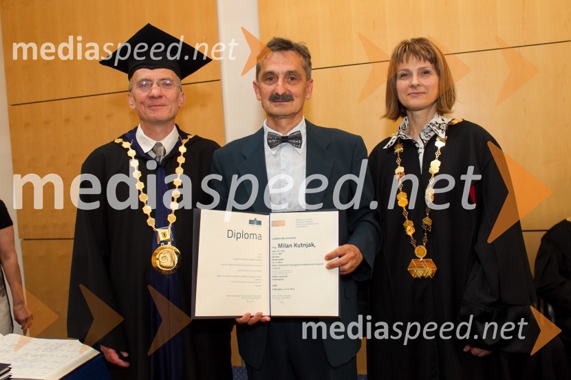 prof. dr.  Danijel Rebolj, rektor Univerze v Mariboru; dr. Milan Kutnjak, Fakulteta za naravoslovje in matematiko, Univerza v Mariboru; prof. dr.  Nataša Vaupotič, dekanica,  Fakulteta za naravoslovje in matematiko, Univerza v MariboruPromocija doktorjev znanosti UM, junij 2014