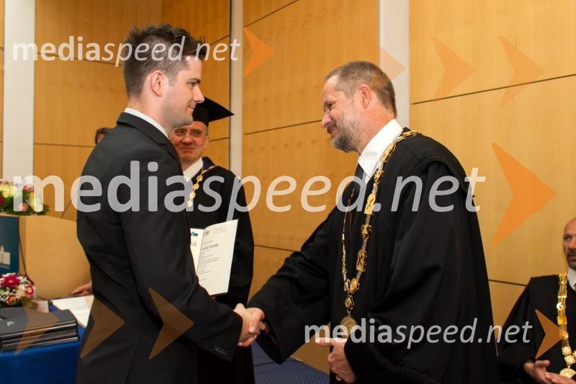 dr. Andrej Kocbek, Fakulteta za elektrotehniko, računalništvo in informatiko, Univerza v Mariboru; prof. dr. Borut  Žalik, dekan, Fakulteta za elektrotehniko, računalništvo in informatiko, Univerza v MariboruPromocija doktorjev znanosti UM, junij 2014