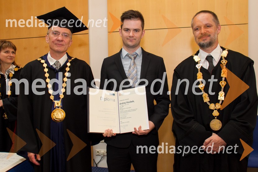 prof. dr.  Danijel Rebolj, rektor Univerze v Mariboru; dr. Andrej Kocbek, Fakulteta za elektrotehniko, računalništvo in informatiko, Univerza v Mariboru; prof. dr. Borut  Žalik, dekan, Fakulteta za elektrotehniko, računalništvo in informatiko, Univerza v MariboruPromocija doktorjev znanosti UM, junij 2014