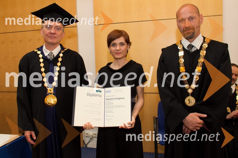 prof. dr.  Danijel Rebolj, rektor Univerze v Mariboru; dr. Selestina Gorgieva, Fakulteta za strojništvo, Univerza v Mariboru; prof. dr. Niko Samec, dekan, Fakulteta za strojništvo, Univerza v MariboruPromocija doktorjev znanosti UM, junij 2014