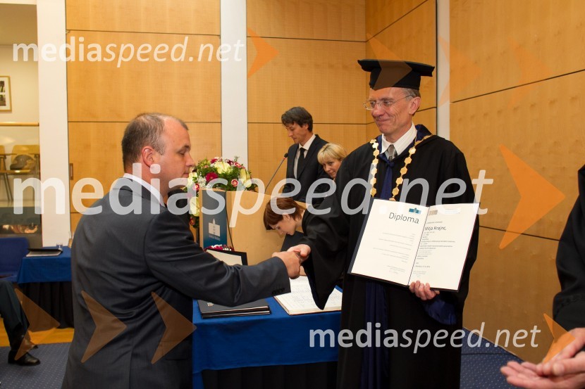 dr. Mitja Krajnc, Fakulteta za strojništvo, Univerza v Mariboru; prof. dr.  Danijel Rebolj, rektor Univerze v MariboruPromocija doktorjev znanosti UM, junij 2014