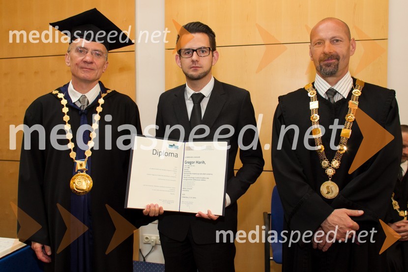 prof. dr.  Danijel Rebolj, rektor Univerze v Mariboru; doc. dr. Gregor Harih, Fakulteta za strojništvo, Univerza v Mariboru; prof. dr. Niko Samec, dekan, Fakulteta za strojništvo, Univerza v MariboruPromocija doktorjev znanosti UM, junij 2014