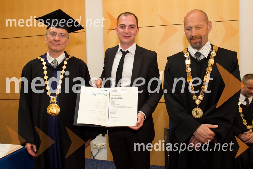 prof. dr.  Danijel Rebolj, rektor Univerze v Mariboru; dr. Matija Kos, Fakulteta za strojništvo, Univerza v Mariboru; prof. dr. Niko Samec, dekan, Fakulteta za strojništvo, Univerza v MariboruPromocija doktorjev znanosti UM, junij 2014