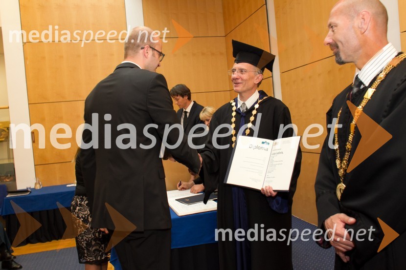 dr. Luka Lešnik, Fakulteta za strojništvo, Univerza v Mariboru; prof. dr.  Danijel Rebolj, rektor Univerze v MariboruPromocija doktorjev znanosti UM, junij 2014