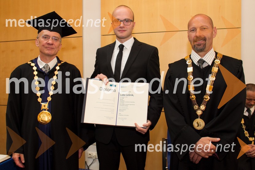 prof. dr.  Danijel Rebolj, rektor Univerze v Mariboru; dr. Luka Lešnik, Fakulteta za strojništvo, Univerza v Mariboru; prof. dr. Niko Samec, dekan, Fakulteta za strojništvo, Univerza v MariboruPromocija doktorjev znanosti UM, junij 2014
