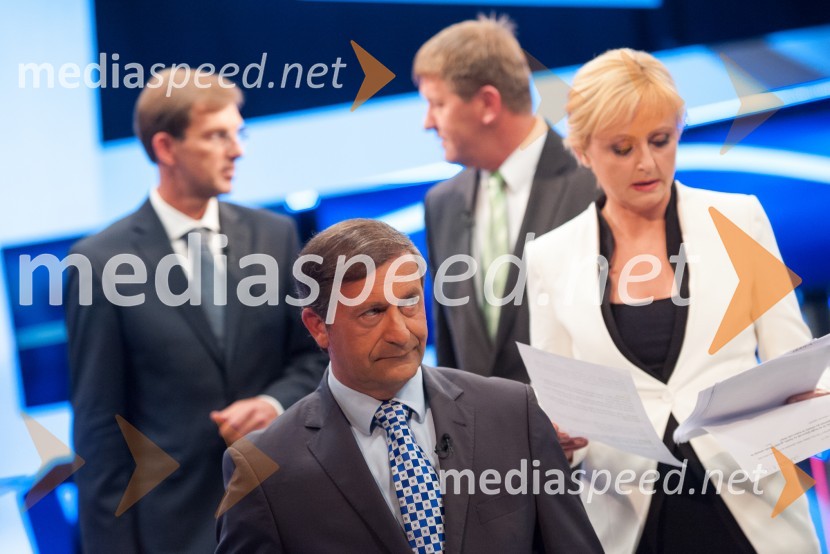  Karl Erjavec, minister za zunanje zadeve RS, predsednik stranke Desus;  Darja Zgonc, voditeljicaVolitve v DZ 2014, predvolilno soočenje