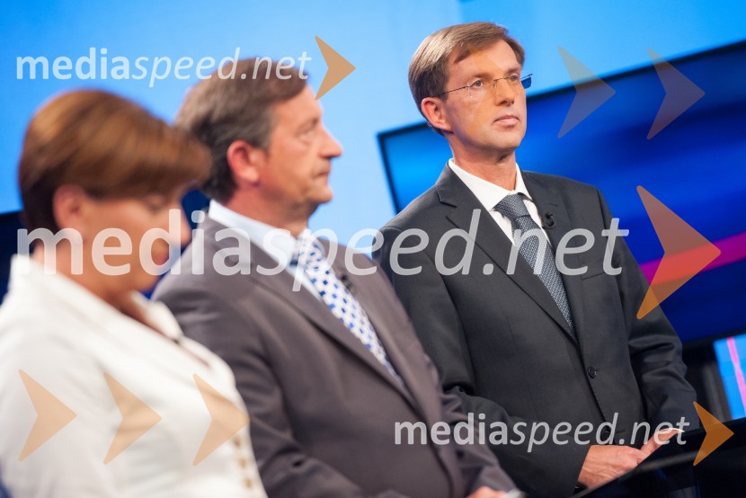  Ljudmila Novak, predsednica NSi;  Karl Erjavec, minister za zunanje zadeve RS, predsednik stranke Desus; prof. dr. Miro Cerar, pravnik, predsednik stranke SMC (stranka Mira Cerarja)Volitve v DZ 2014, predvolilno soočenje