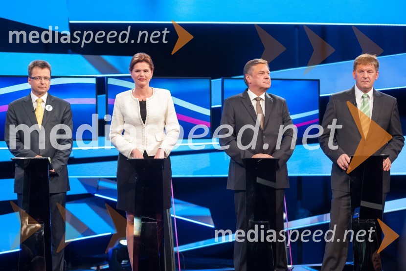  Zvone  Černač, član stranke SDS; mag. Alenka Bratušek, predsednica vlade Republike Slovenije, predsednica stranke Zavezništvo AB;  Zoran Janković, župan MOL, predsednik PS;  Franc Bogovič, predsednik SLSVolitve v DZ 2014, predvolilno soočenje
