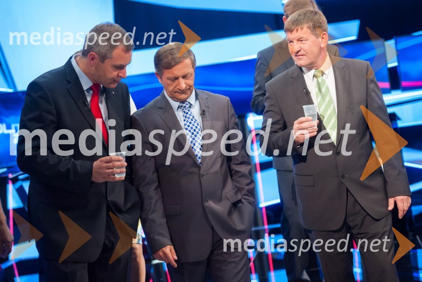 mag. Dejan Židan, minister za kmetijstvo in okolje, predsednik stranke SD;  Karl Erjavec, minister za zunanje zadeve RS, predsednik stranke Desus;  Franc Bogovič, predsednik SLSVolitve v DZ 2014, predvolilno soočenje