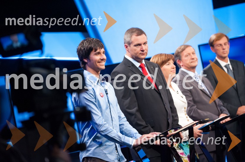  Luka Mesec, predstavnik Združene Levice; mag. Dejan Židan, minister za kmetijstvo in okolje, predsednik stranke SDVolitve v DZ 2014, predvolilno soočenje