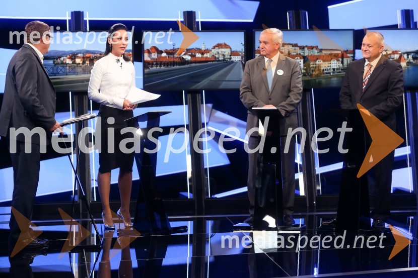 dr. Andrej Fištravec, župan, Mestna občina Maribor;  Maja Sodja, tv voditeljica;  Anton Kranjc,  kandidat za župana MOM;  Franc  Kangler, nekdanji župan Mestne občine Maribor, kandidat za župana MOMPredvolilno soočenje županskih kandidatov na POP TV