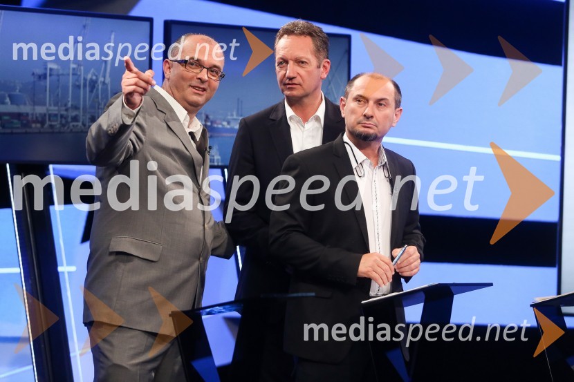  Sebastjan Jeretič, kandidat za piranskega župana;  Boris Popovič, župan Kopra;  Gašpar Gašpar  Mišič, bivši predsednik uprave Luka KoperPredvolilno soočenje županskih kandidatov na POP TV